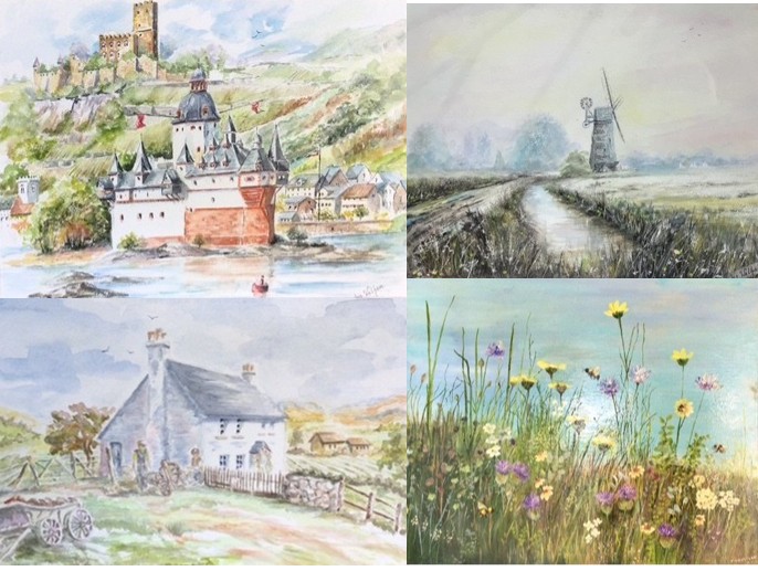 Tiled photo showing 4 art works depicting landscapes